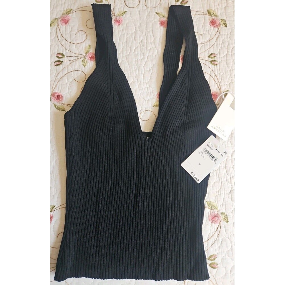 NWT Good American Shine Ribbed Black Stretch Tank Top $129 Low
